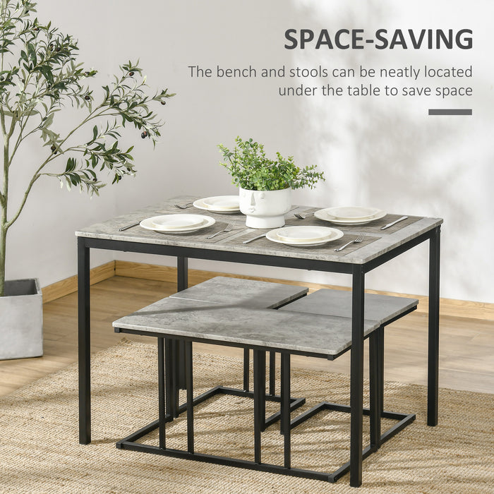 Dining Table and Chairs Set for 4 People, Concrete Effect Kitchen Table and Bench Set with Steel Frame, 4 Piece Dining Room Sets, Grey