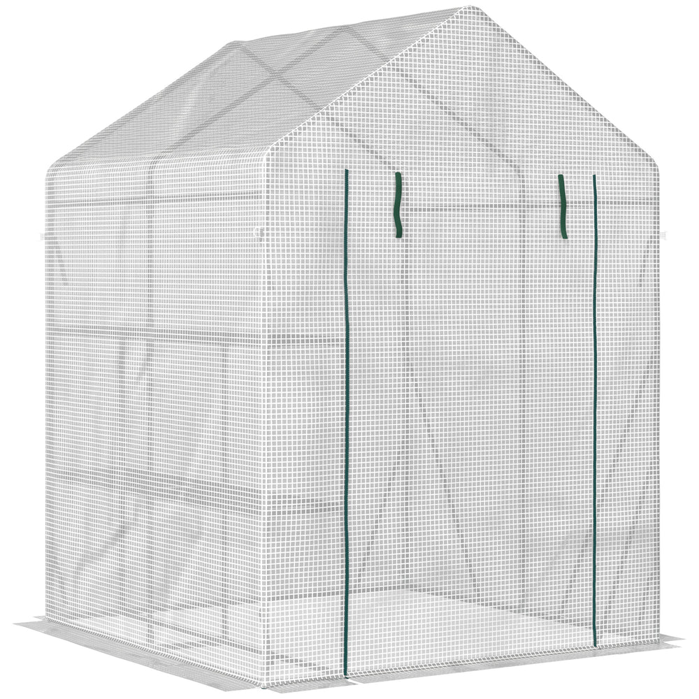 Walk-In Greenhouse Portable Gardening Plant Grow House with 2 Tier Shelf, Roll-Up Zippered Door and PE Cover, 143 x 143 x 195 cm