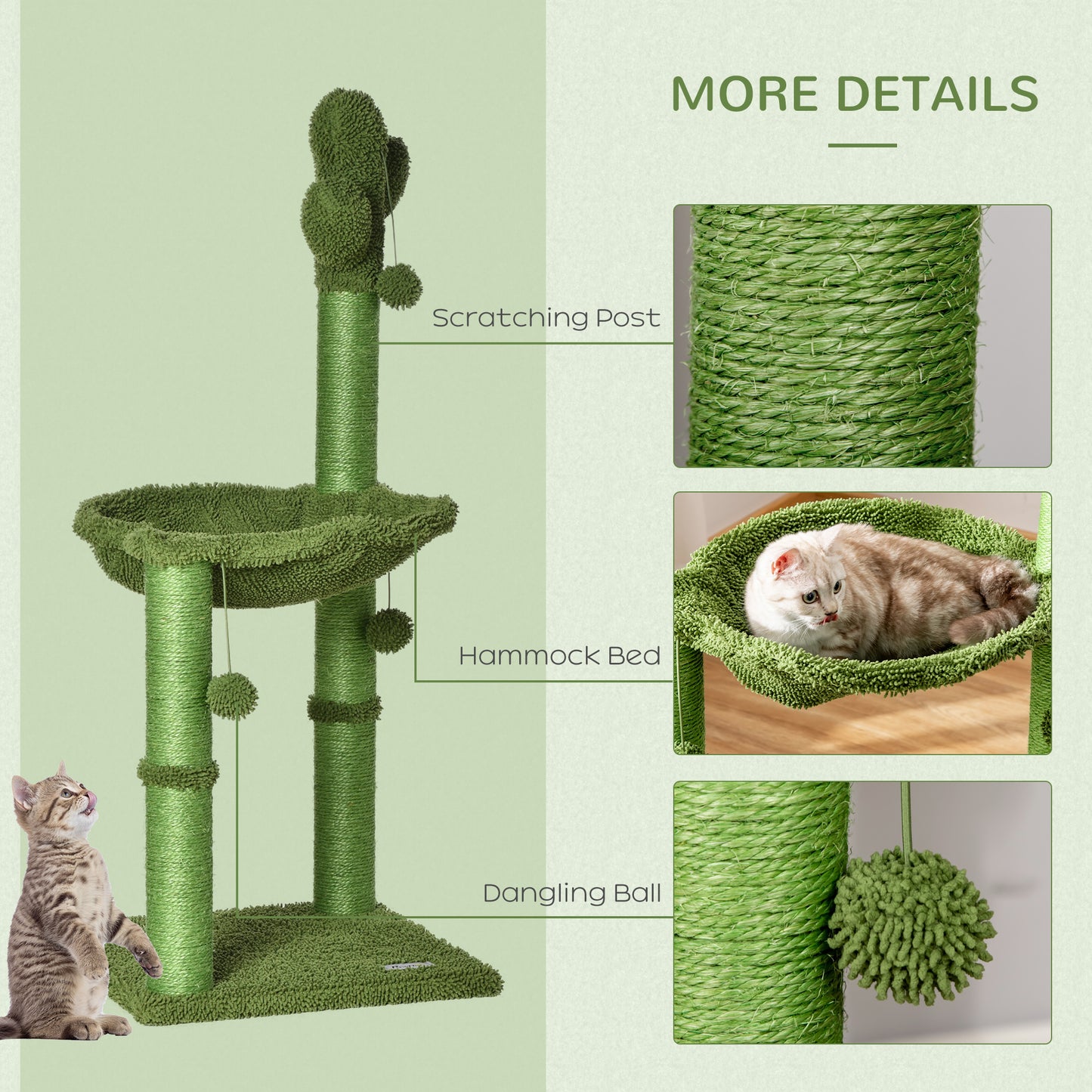 Cactus Cat Tree Tower for Indoor Cats Sisal Scratching Post with Hammock Bed Dangling Ball 40 x 40 x 96 cm