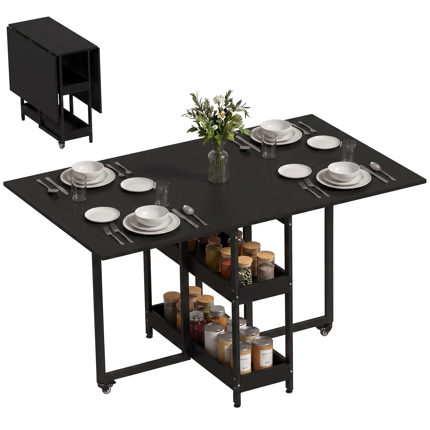 Folding Dining Table, Drop Leaf Table w/ Open Compartments, Black