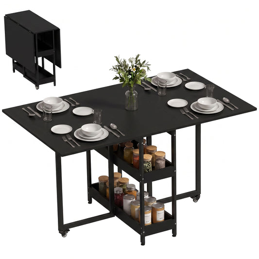 Folding Dining Table, Drop Leaf Table w/ Open Compartments, Black
