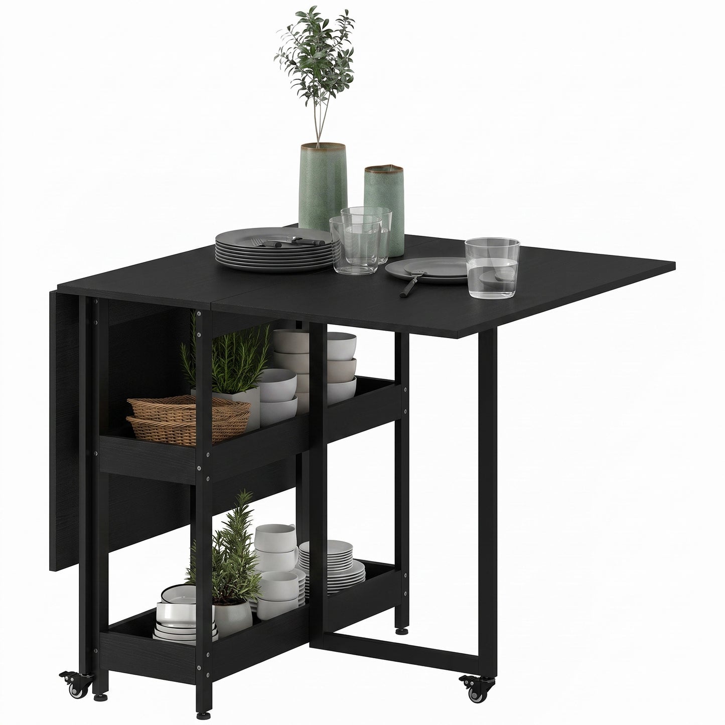 Folding Dining Table, Drop Leaf Table w/ Open Compartments, Black