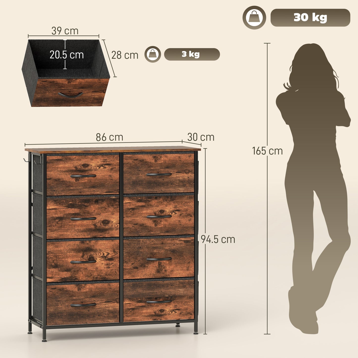 Fabric Chest of Drawers, 8 Drawer Dresser for Bedroom, Rustic Brown