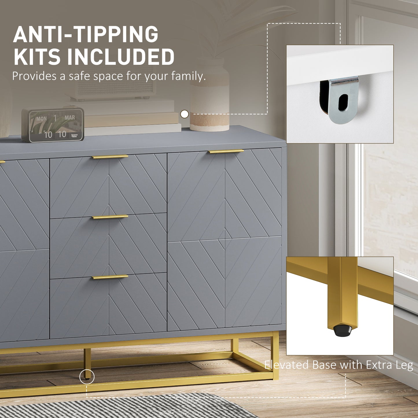 Sideboard Storage Cabinet with Adjustable Shelves, Grey