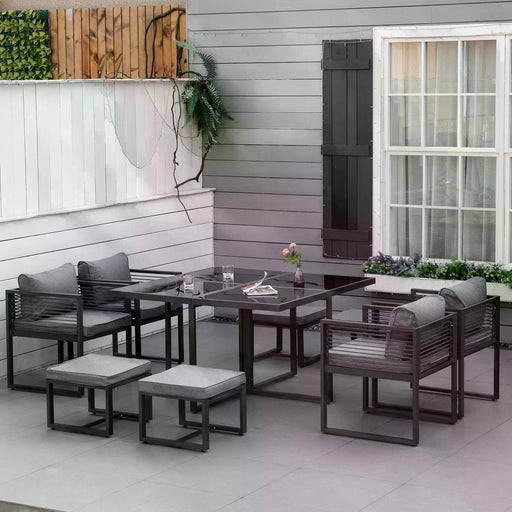 8 Seater Garden Dining Cube Set Aluminium Outdoor Furniture Set Dining Table, 4 Chairs and 4 Footstools with Cushion, Grey