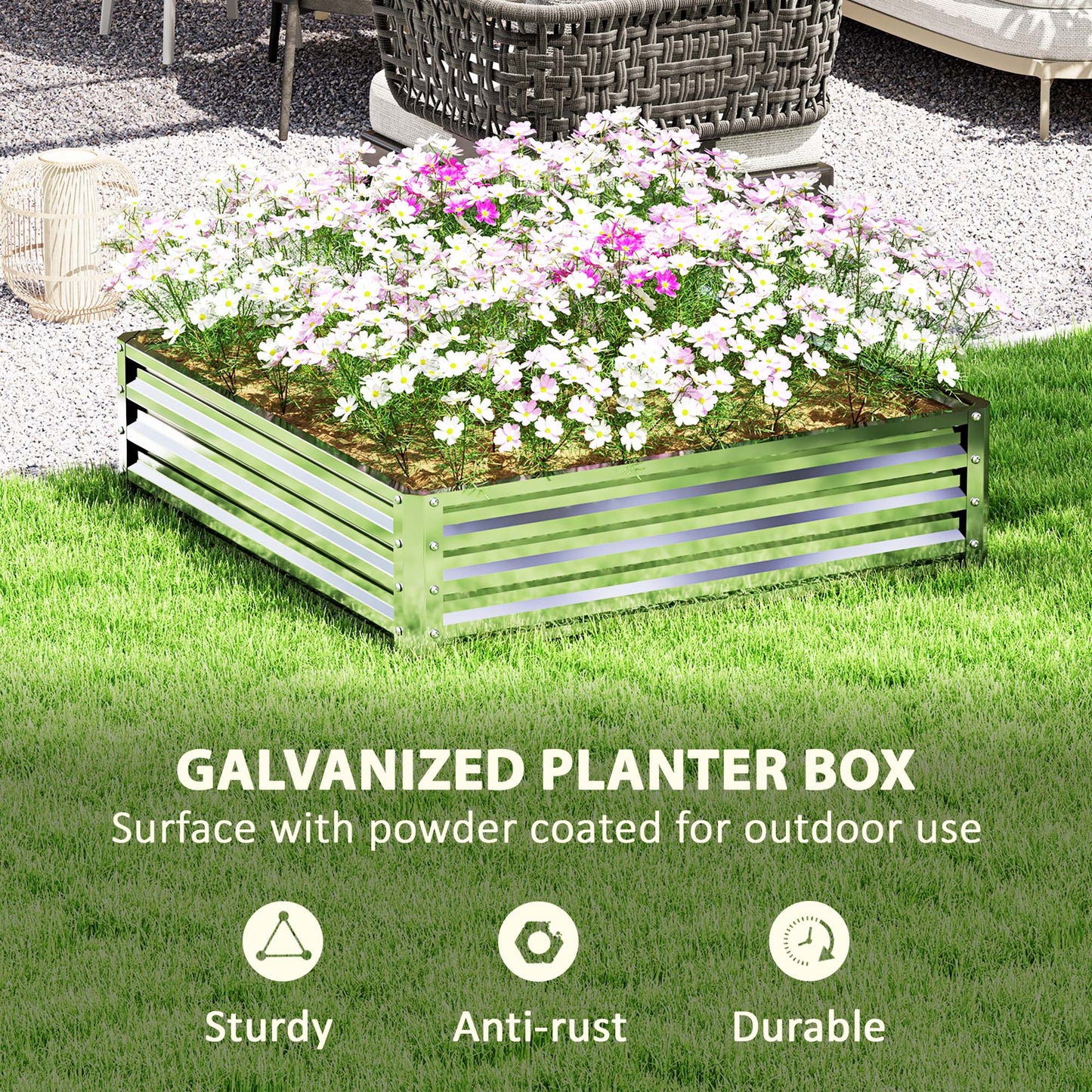 Raised Garden Bed Metal Patio Backyard Flower Planter, Silver Tone
