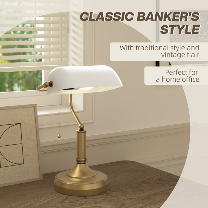 Banker's Table Lamp w/ Antique Bronze Tone Base, White