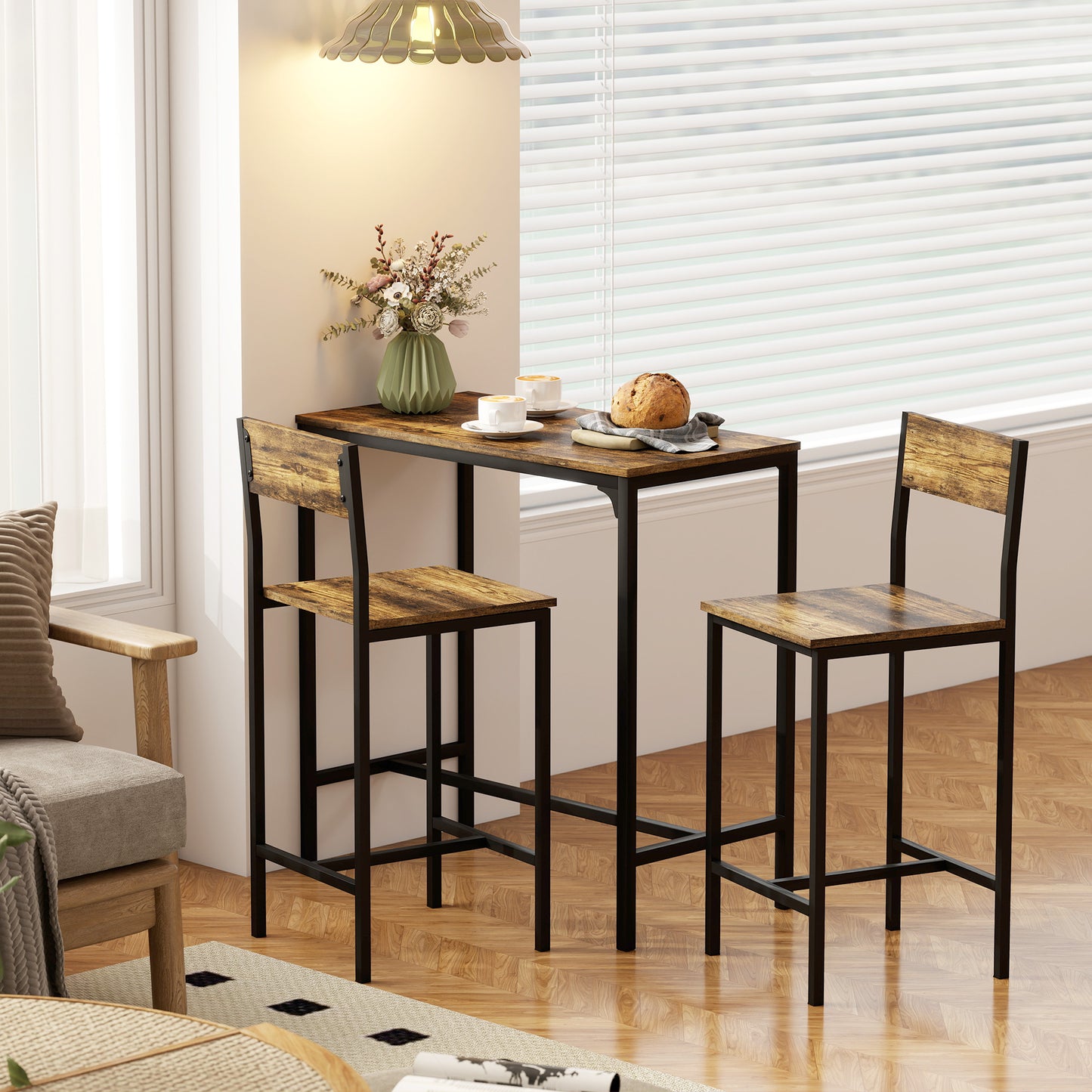 Bar Table and Stools Set, Kitchen Table and 2 Chairs with Backrest, Footrest