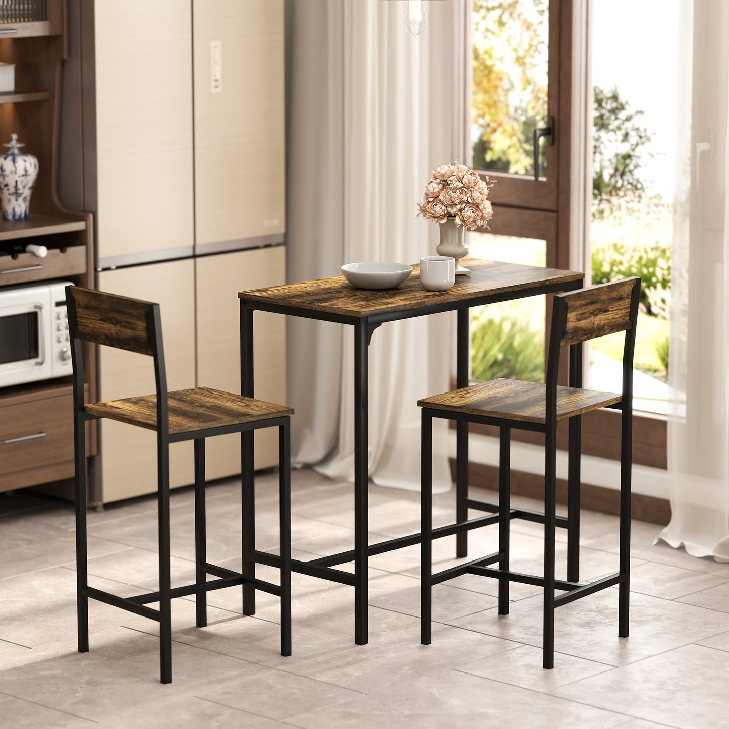 Bar Table and Stools Set, Kitchen Table and 2 Chairs with Backrest, Footrest
