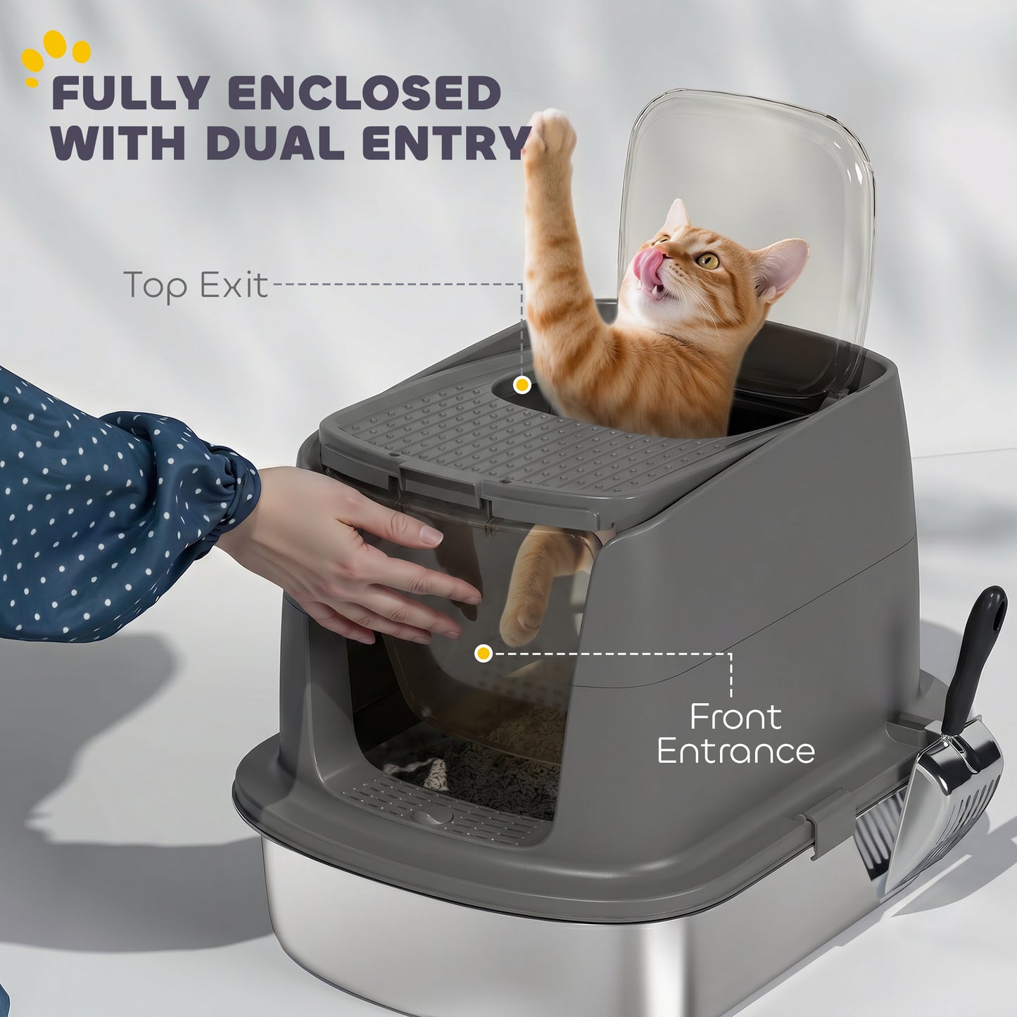 Stainless Steel Litter Box with Lid, Large Hooded Cat Litter Tray with Flip Cover, Metal Scoop, Deodoriser Bag, Non-Sticky, Odour Control and Easy Clean, Dark Grey