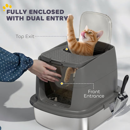 Stainless Steel Litter Box with Lid, Large Hooded Cat Litter Tray with Flip Cover, Metal Scoop, Deodoriser Bag, Non-Sticky, Odour Control and Easy Clean, Dark Grey