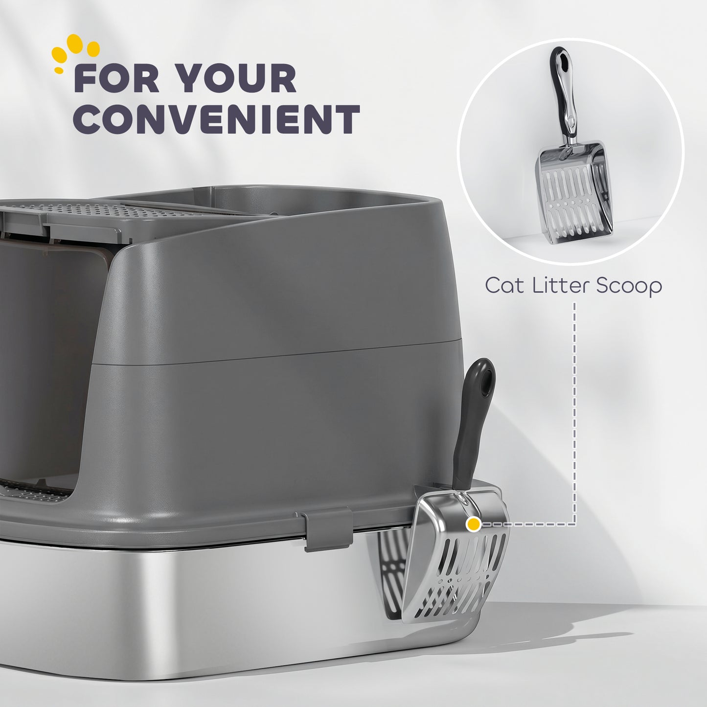 Stainless Steel Litter Box with Lid, Large Hooded Cat Litter Tray with Flip Cover, Metal Scoop, Deodoriser Bag, Non-Sticky, Odour Control and Easy Clean, Dark Grey