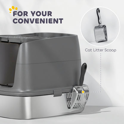 Stainless Steel Litter Box with Lid, Large Hooded Cat Litter Tray with Flip Cover, Metal Scoop, Deodoriser Bag, Non-Sticky, Odour Control and Easy Clean, Dark Grey