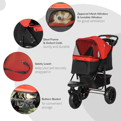 Folding Pet Stroller 3 Wheel Dog Jogger Travel Carrier Adjustable Canopy Storage Brake Mesh Window for Small Miniature Dog Cat Red
