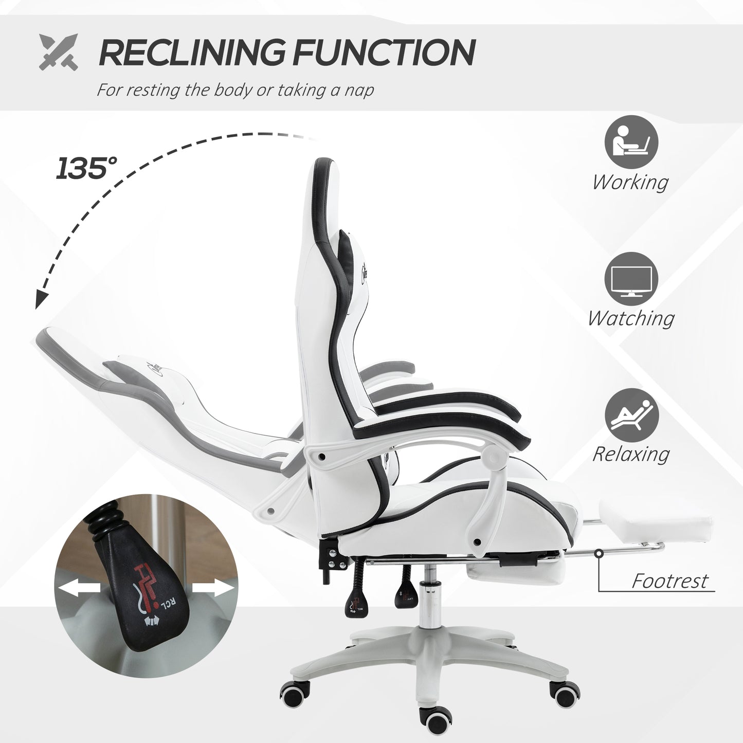 omputer Gaming Chair, PU Leather Office Desk Chair with Footrest, Swivel Wheels, 135° Reclining Back, Lumbar Support, Headrest for Home, White and Black