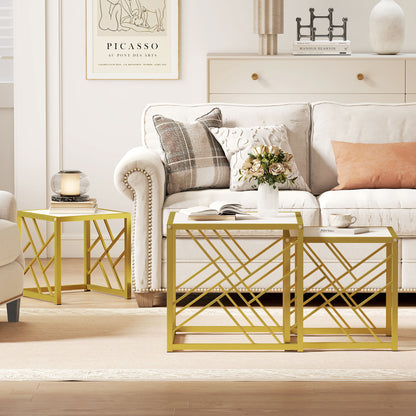 Set of 3 Nesting Coffee Tables Square End Tables w/ Metal Frame White