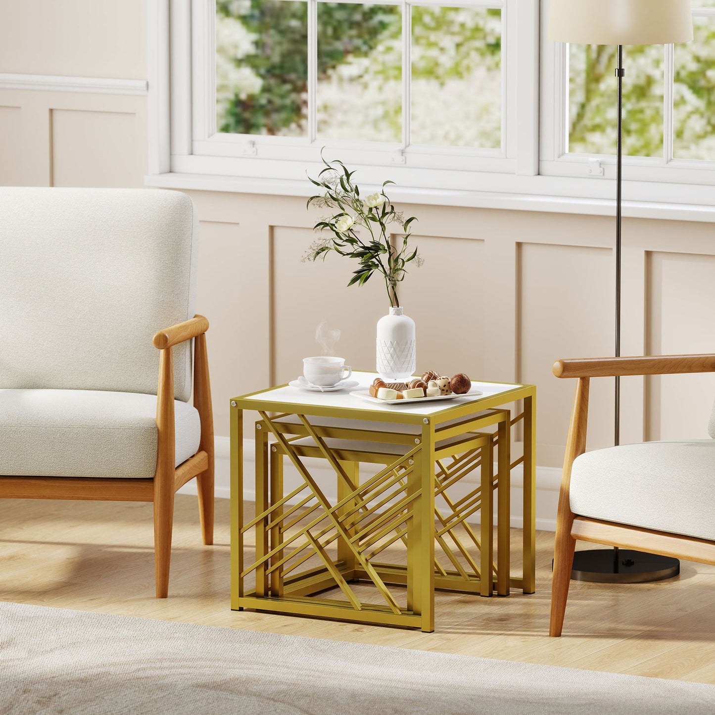 Set of 3 Nesting Coffee Tables Square End Tables w/ Metal Frame White