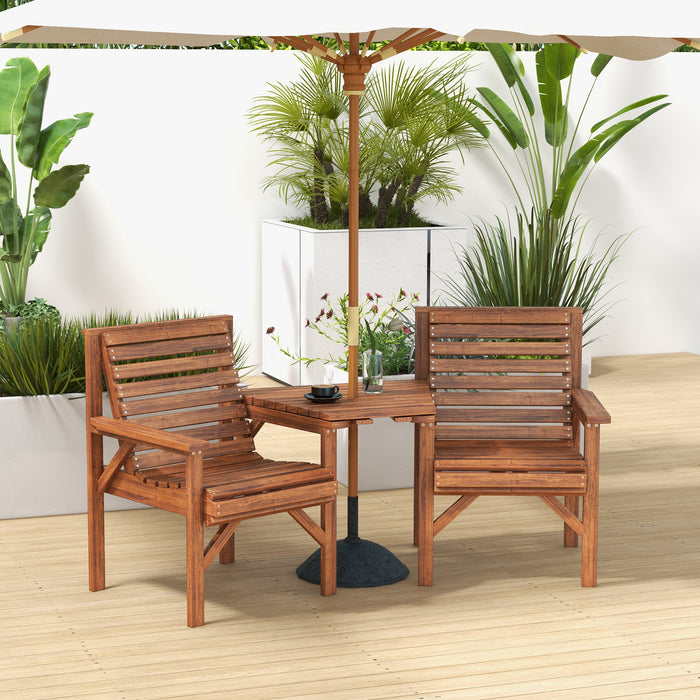 Wooden Garden Love Seat w/ Coffee Table Umbrella Hole, Tan Brown