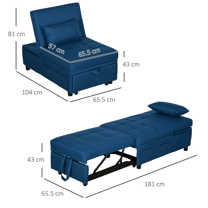 Convertible Chair Bed w/ Padding Seat, 3-in-1 Multi-Functional Sleeper Chair Bed, Recliner w/ Adjustable Backrest, Wheels and Pillow, Blue