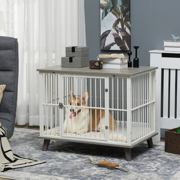 Dog Crate Furniture, Indoor Pet Kennel Cage, Top End Table w/ Soft Cushion, Lockable Door, for Small Dogs, 86 x 60 x 70 cm - Grey