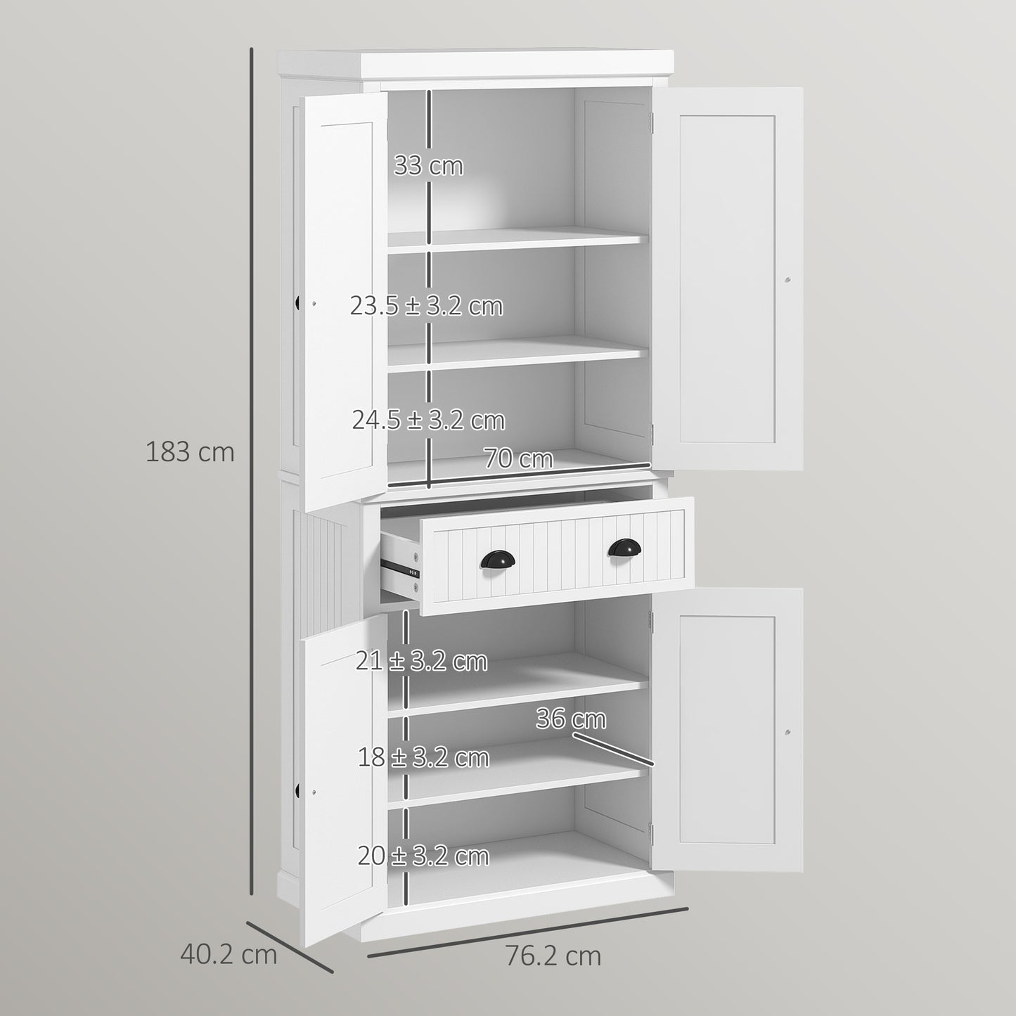 Freestanding Kitchen Storage Cabinet with Drawers and Shelves White