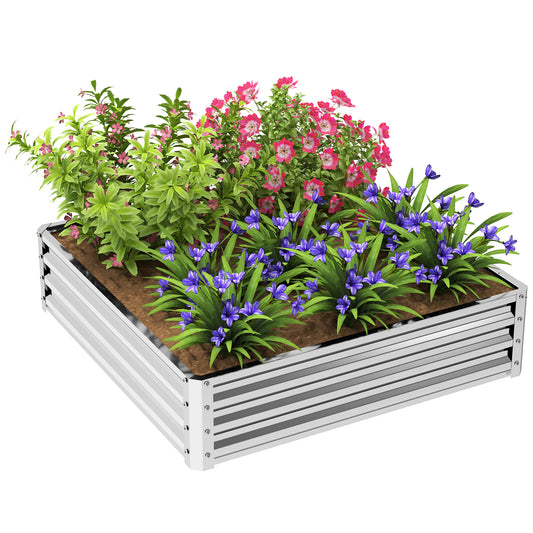 Raised Garden Bed Metal Patio Backyard Flower Planter, Silver Tone