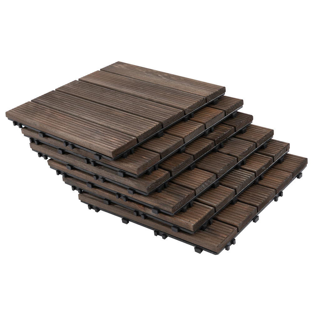 27 Pcs Solid Wood Interlocking Decking Tiles For Patio, Balcony, Roof Terrace, Hot Tub, Black, (30 x 30 cm Per Piece)