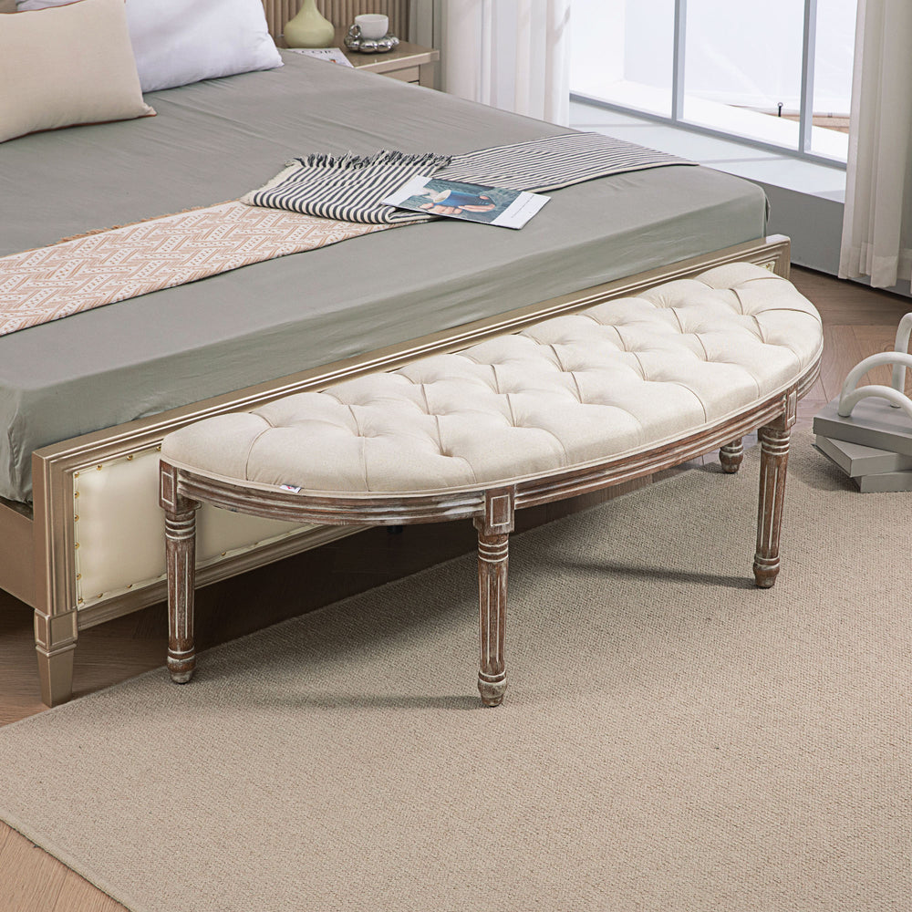 Half-Circle End Bench Ottoman Footstool Button Tufting Padded Seat Cream