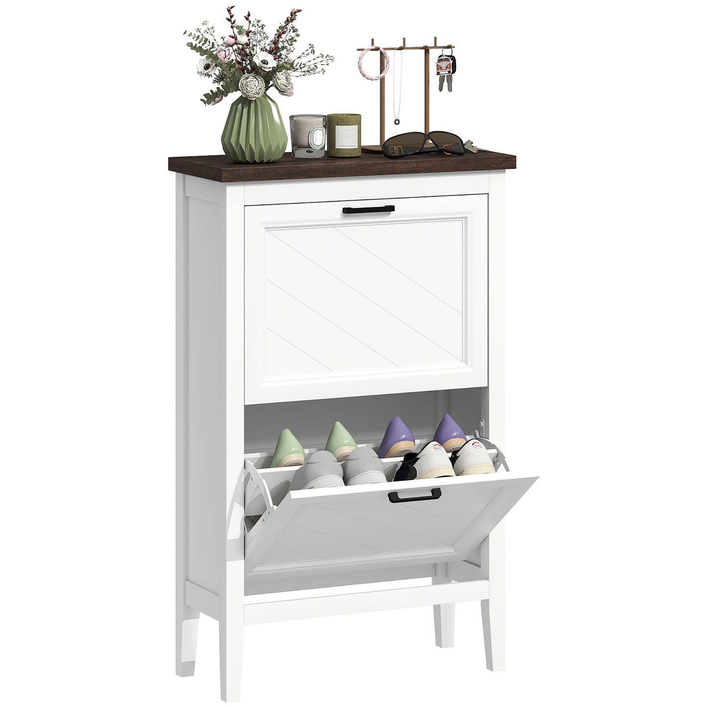 Shoe Cabinet with 2 Flip Drawers, Narrow Shoe Storage Cabinet, White