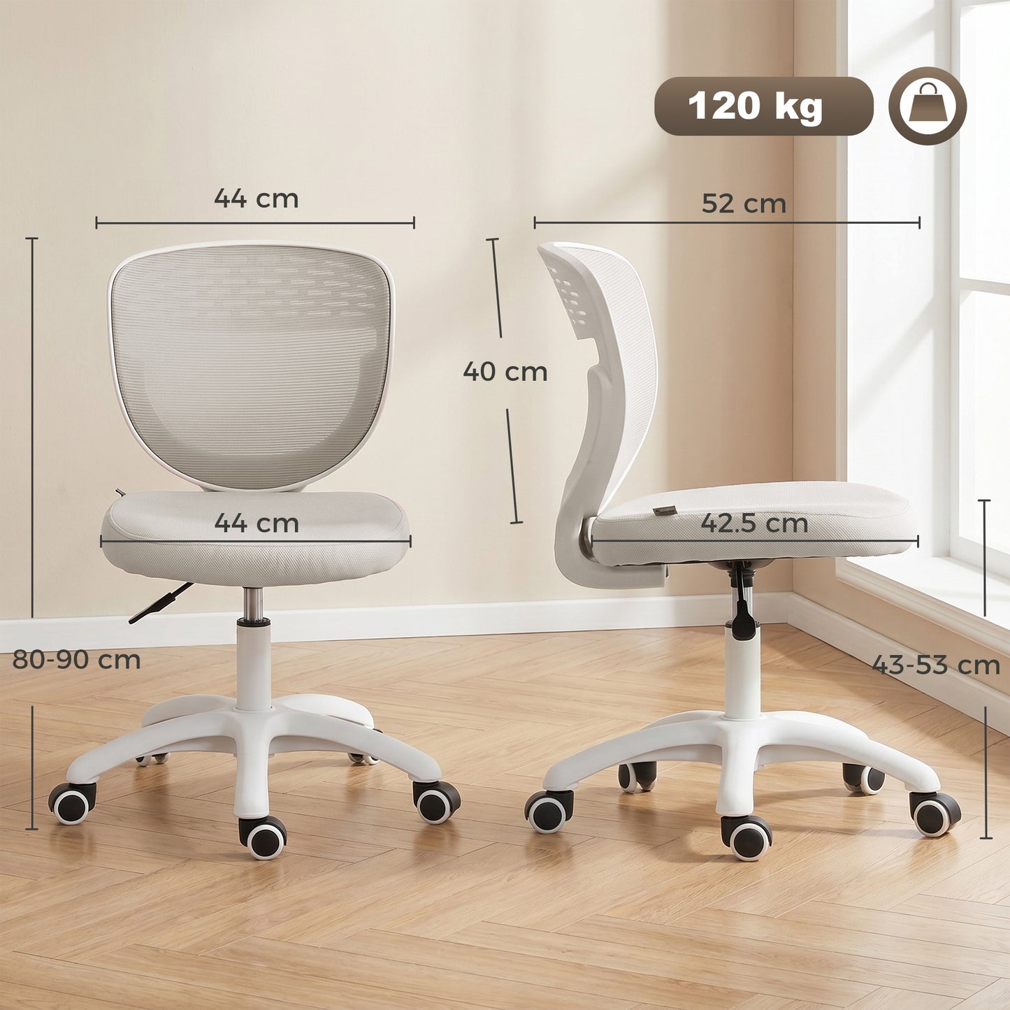 Ergonomic Office Chair, Armless Computer Desk Chair with Breathable Mesh Back, Padded Seat and Swivel Wheels, Adjustable Height for Home Office Study Bedroom, Grey