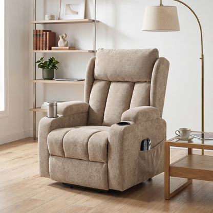 Power Lift Recliner Chair with Vibration Massage and Heat, Chenille Riser and Recliner Armchair for Elderly with Folding Headrest, Spring Cushion, Wide and High Back, Cup Holders, Remote, Brown