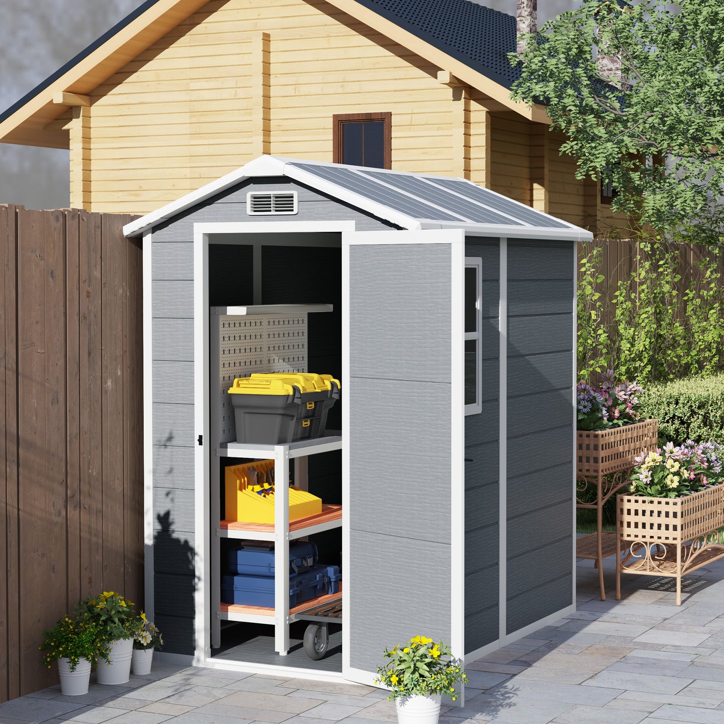 4 x 6ft Plastic Garden Shed with Floor, Window and Lockable Door