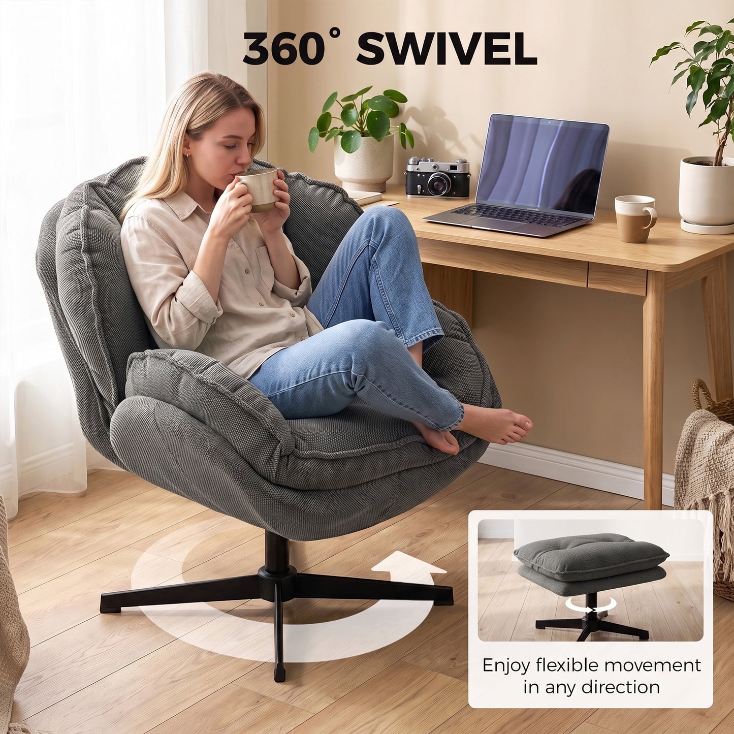 Armchair w/ Footstool, 360-Degree Swivel Accent Chair, Grey