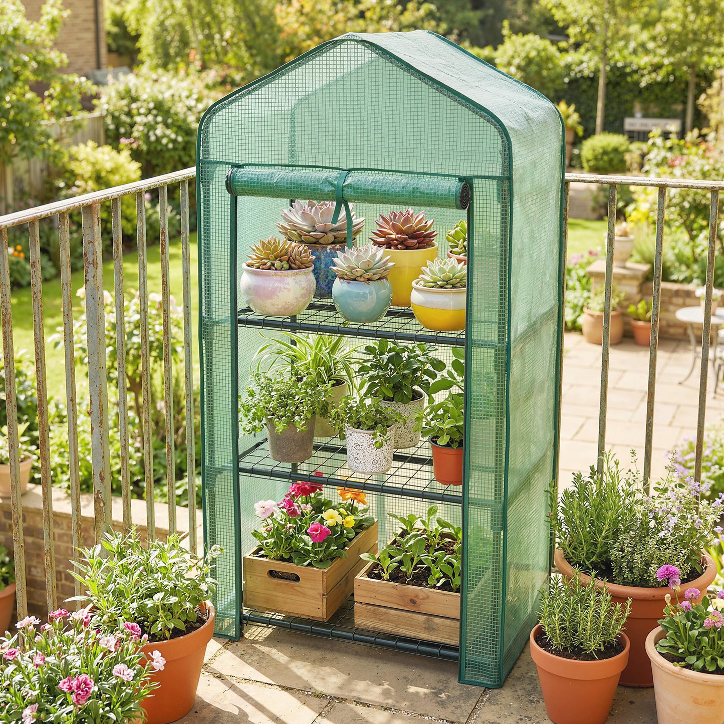 Portable Mini Greenhouse with Roll-up Door and Wire Shelves, Green