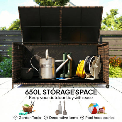 650L Garden Storage Box with Wheels, Waterproof Liner, Mixed Brown