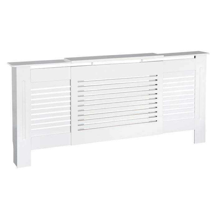 MDF Extendable Radiator Cover Cabinet Shelving Home Office Slatted Design White 139-208.5L x 20.5W x 82.5H cm