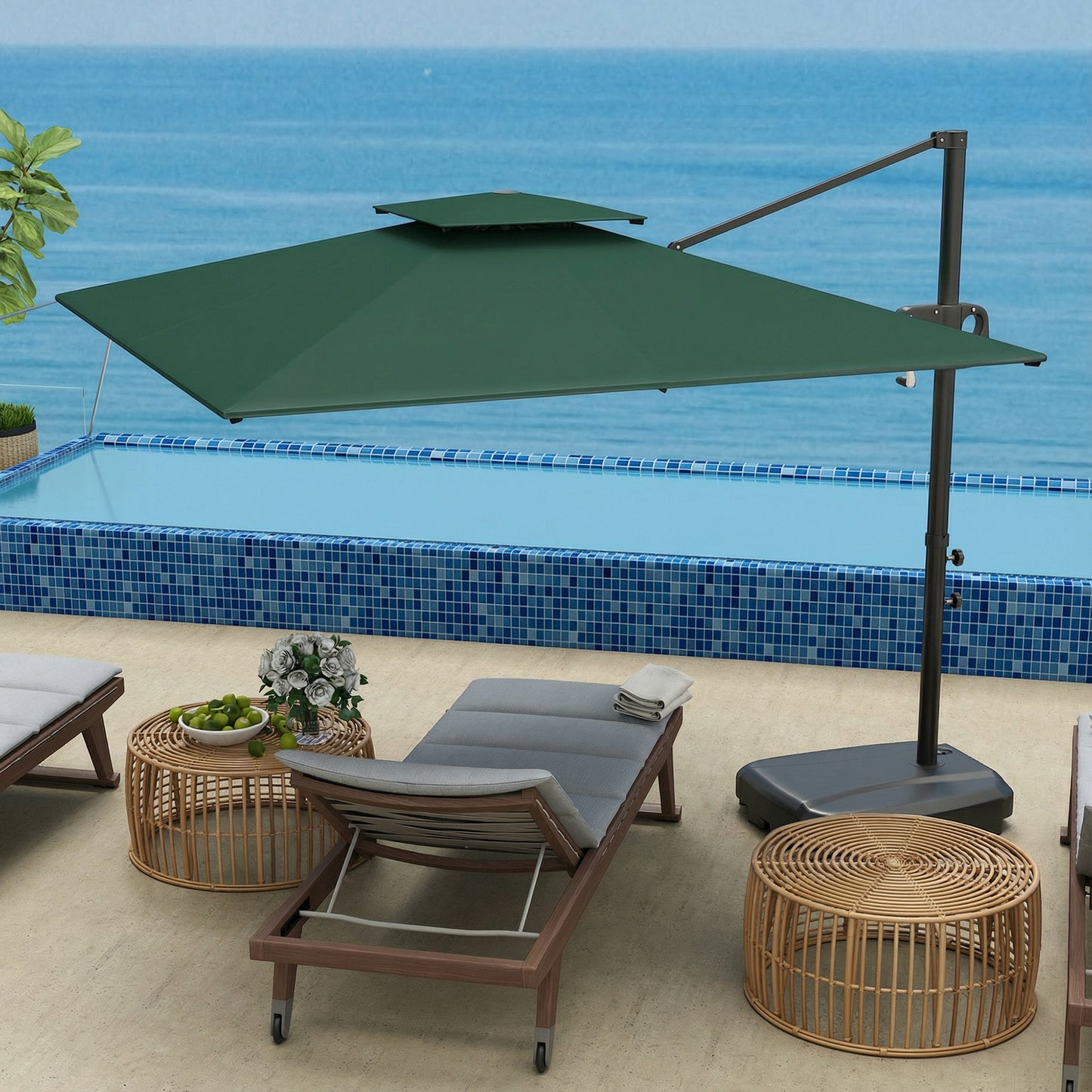 Garden Cantilever Parasol w/ Weighted Base Tilt Crank Dark Green