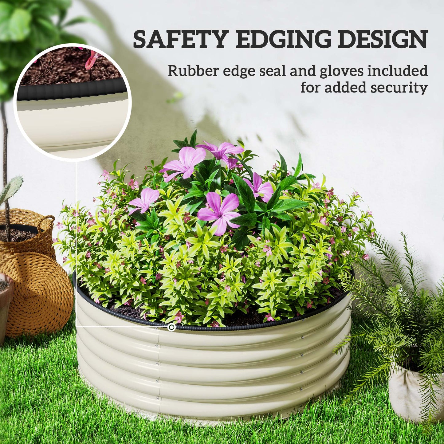 Galvanised Planter with Gloves, 120 x 120 x 43cm, Cream White