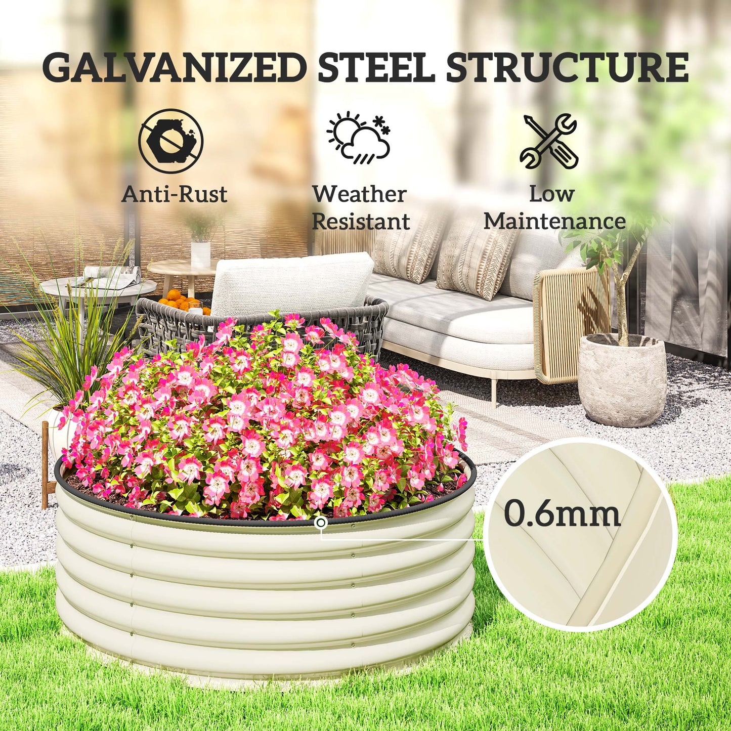 Galvanised Planter with Gloves, 120 x 120 x 43cm, Cream White
