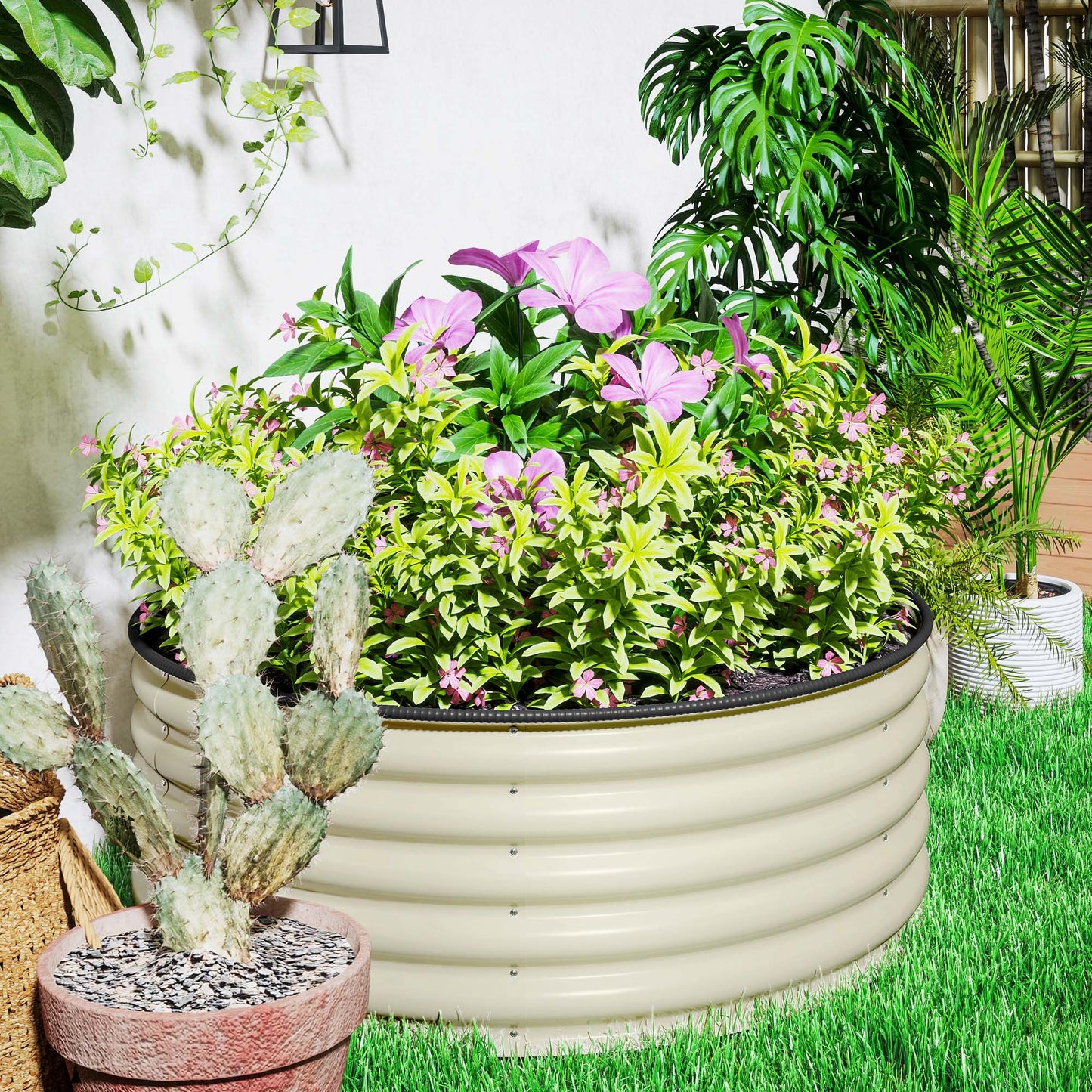 Galvanised Planter with Gloves, 120 x 120 x 43cm, Cream White