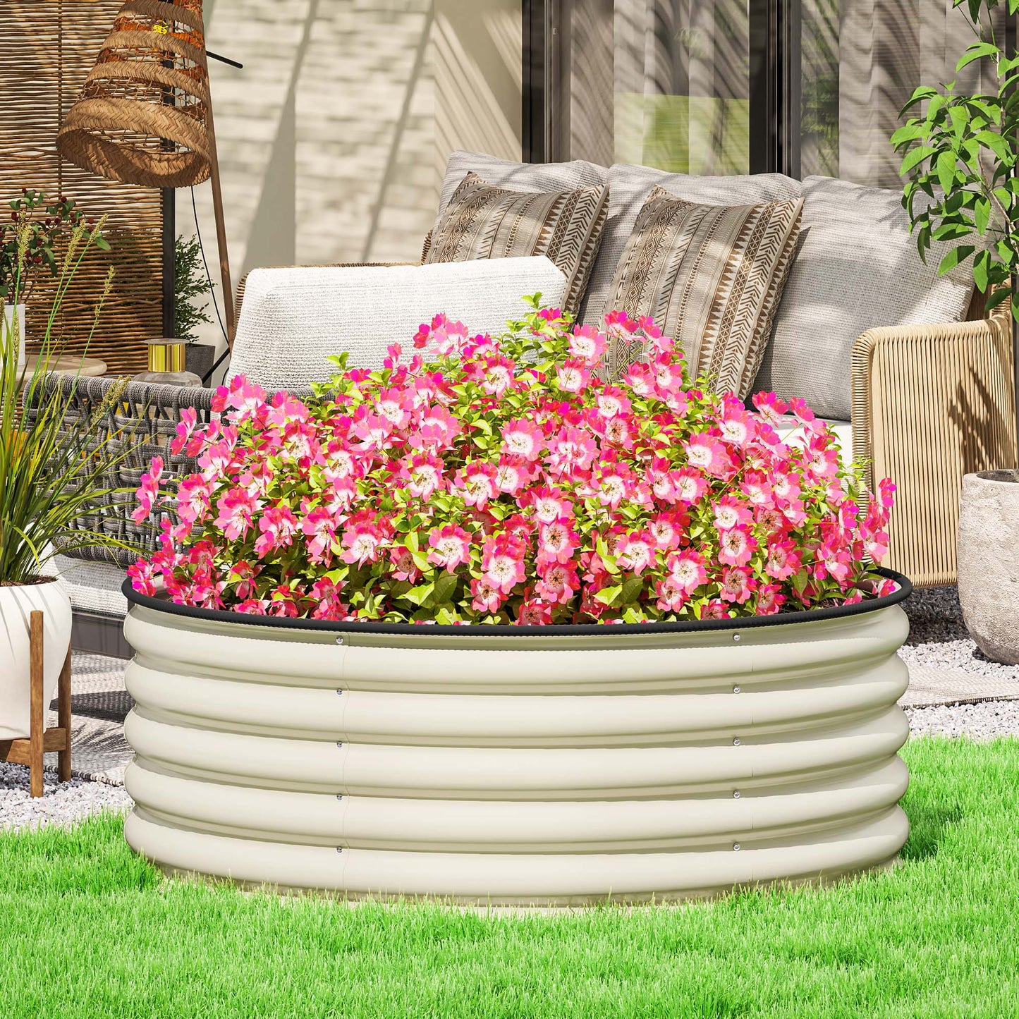 Galvanised Planter with Gloves, 120 x 120 x 43cm, Cream White