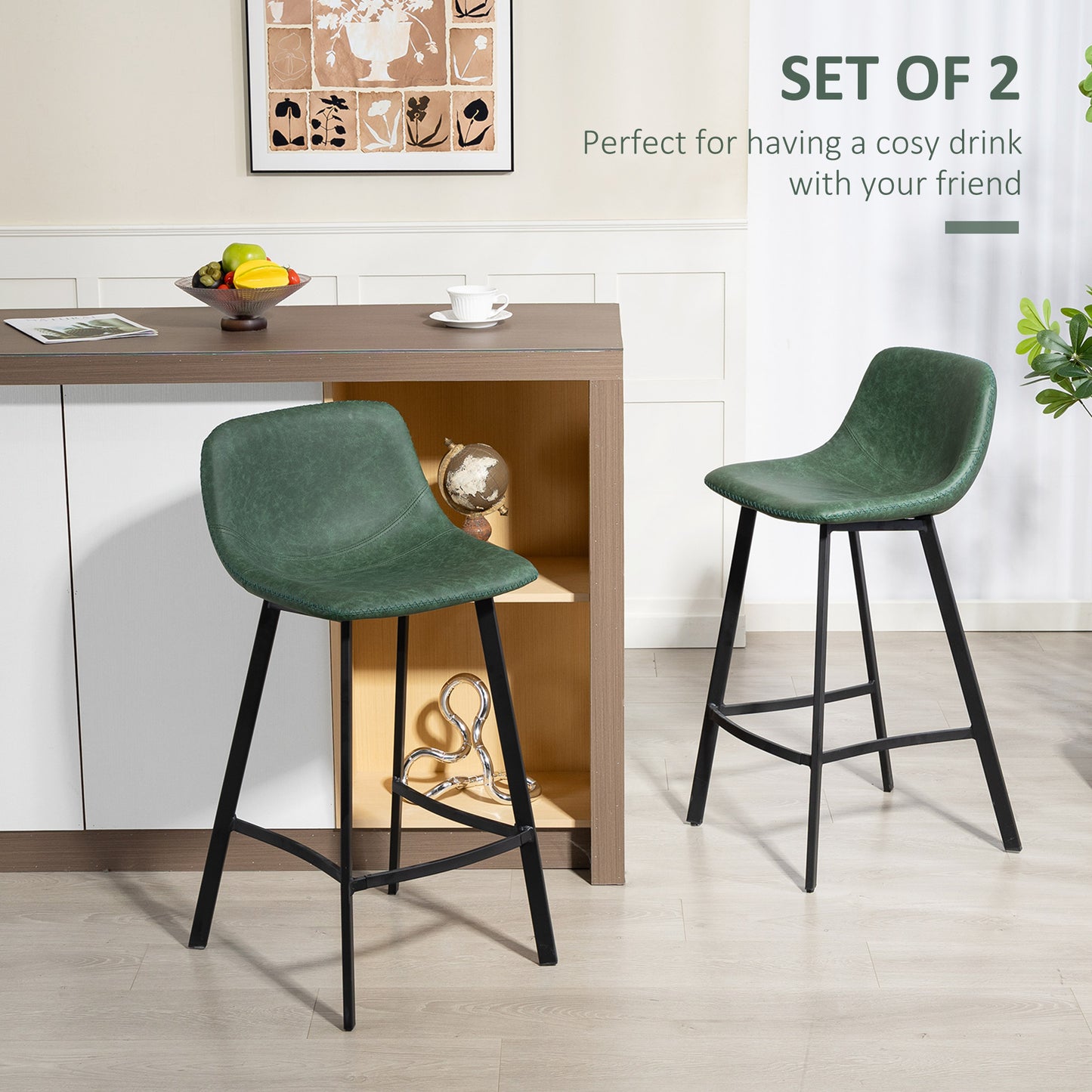 Bar Stools Set of 2, Bar Chairs with Back and Steel Legs, Green