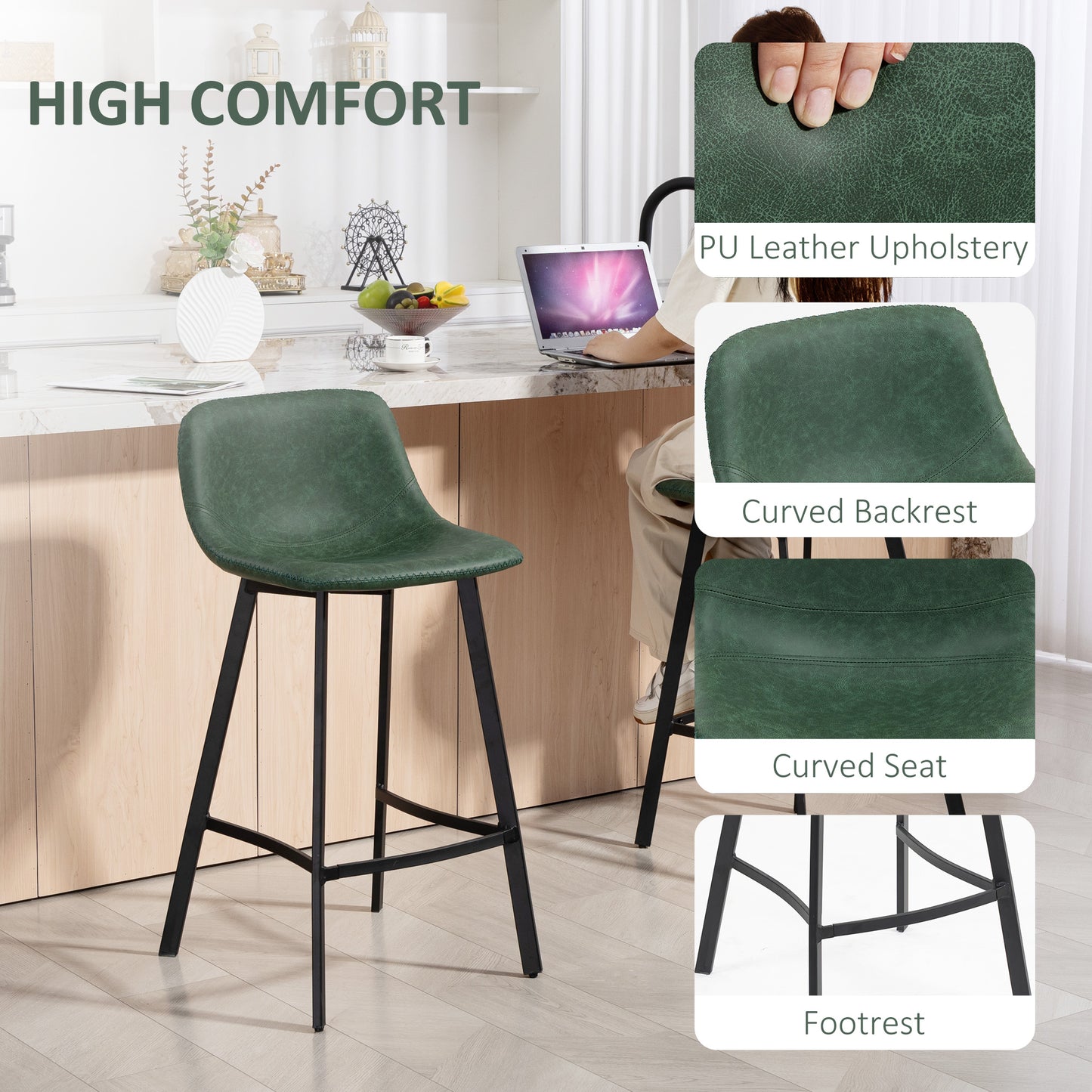 Bar Stools Set of 2, Bar Chairs with Back and Steel Legs, Green