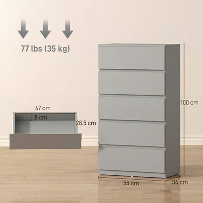 Bedroom Chest of Drawers, 5 Drawers Dresser, Drawer Unit, Grey