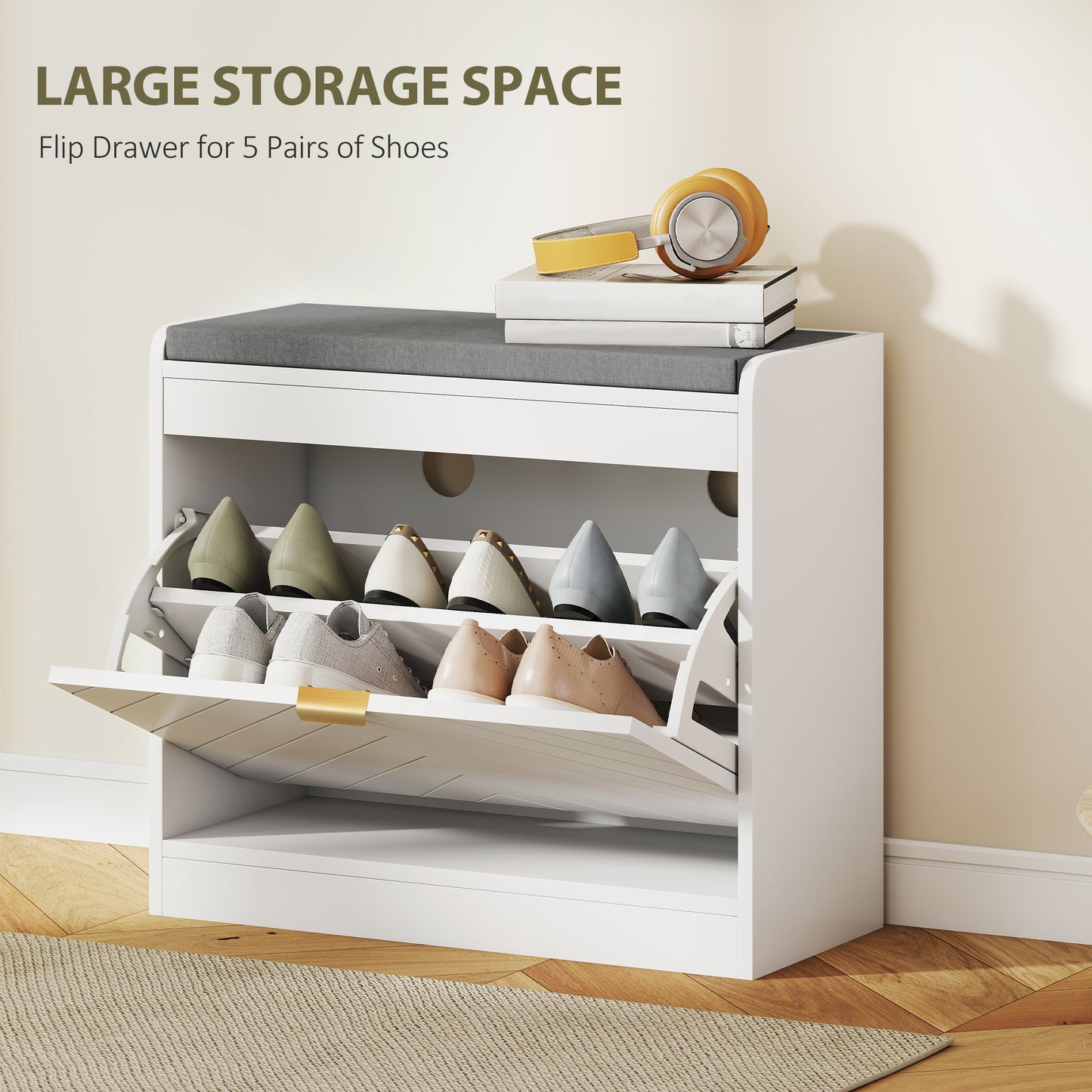 Shoe Bench with 1 Flip Drawer, Cushion, 5 Pairs for Entryway White