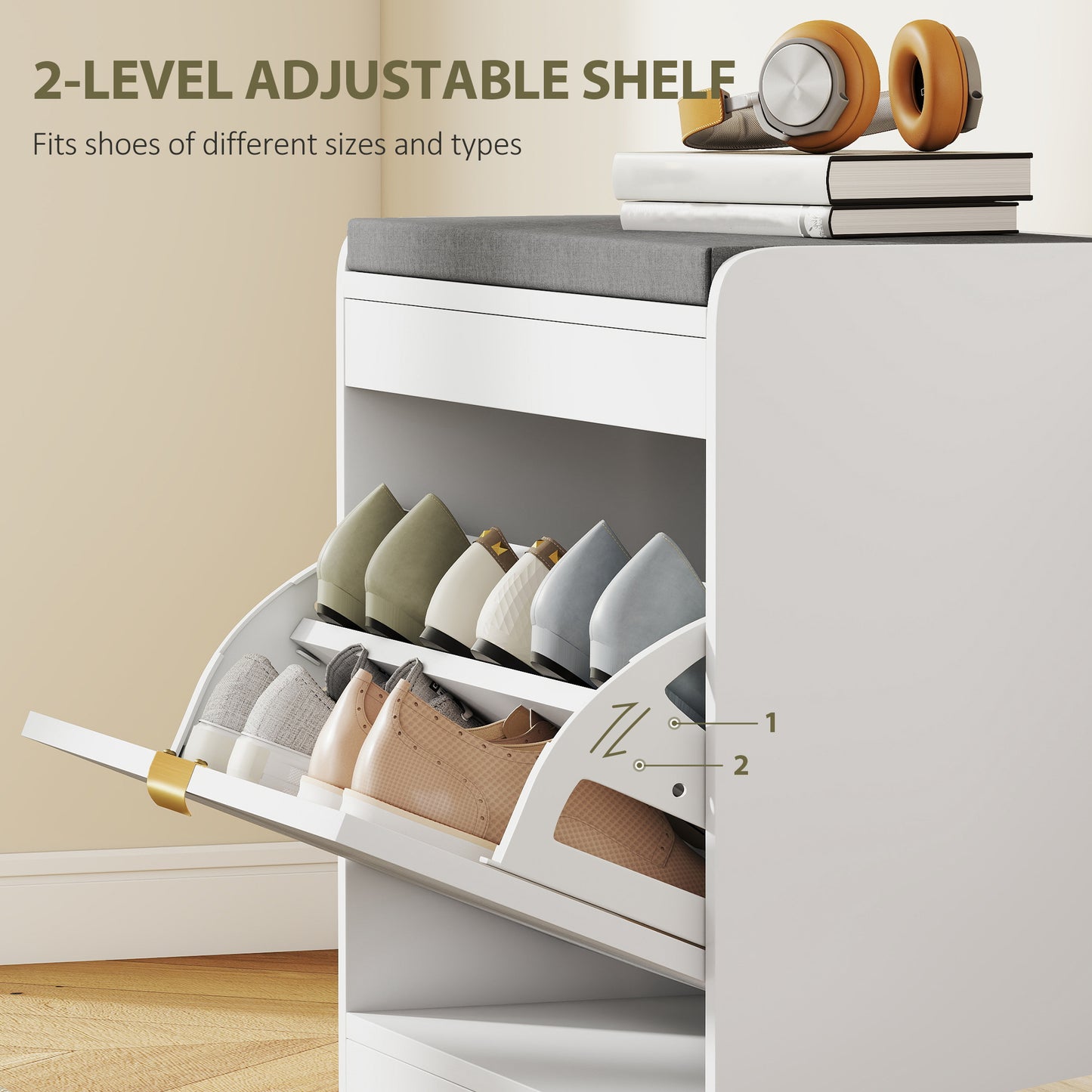 Shoe Bench with 1 Flip Drawer, Cushion, 5 Pairs for Entryway White