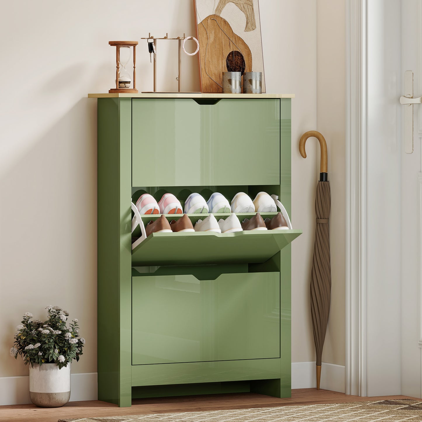 18-Shoe Storage Cabinet 6 Shelves 3 Drawers Tabletop High Gloss Green