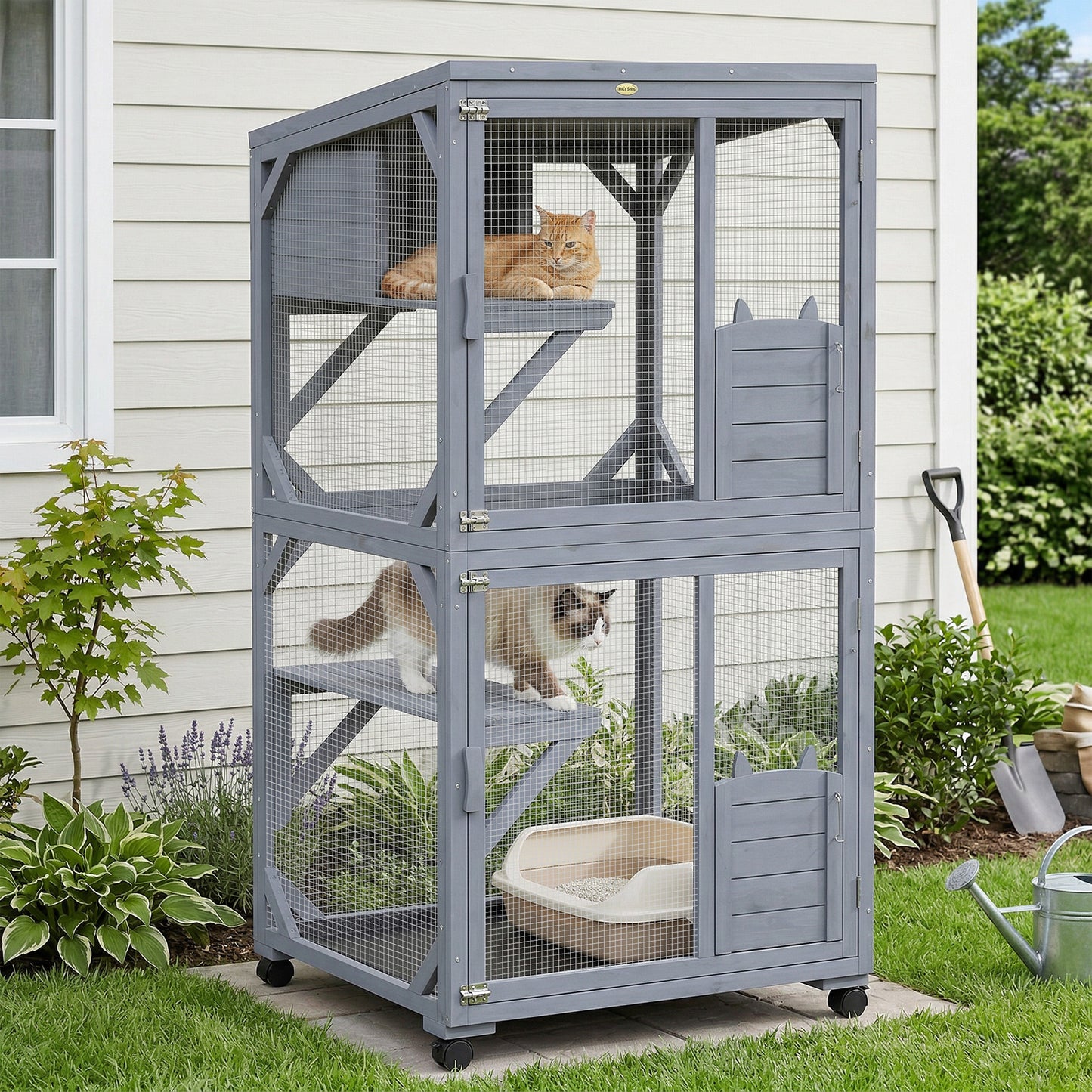 Outdoor Catio Cat House, Movable Wooden Cat Enclosure on Exercise Wheels with Resting Box, 3  Platforms, Large Kitty Cage with Waterproof Asphalt Roof for Outdoor Indoor, for 2 Kittens