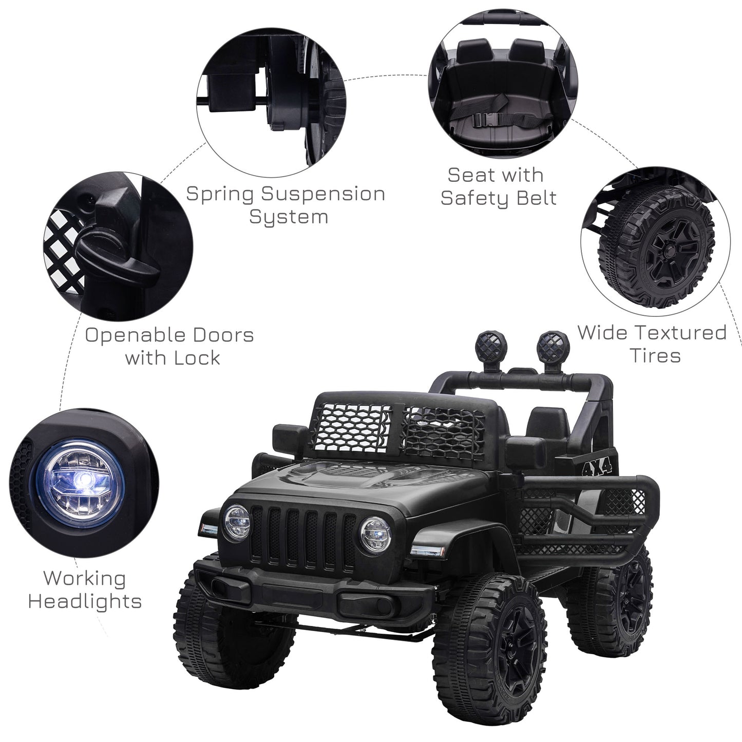 HOMCOM 12V Battery-powered 2 Motors Kids Electric Ride On Car Truck Off-road Toy with Parental Remote Control Horn Lights Suspension Wheels for 3-6 Years Old Black