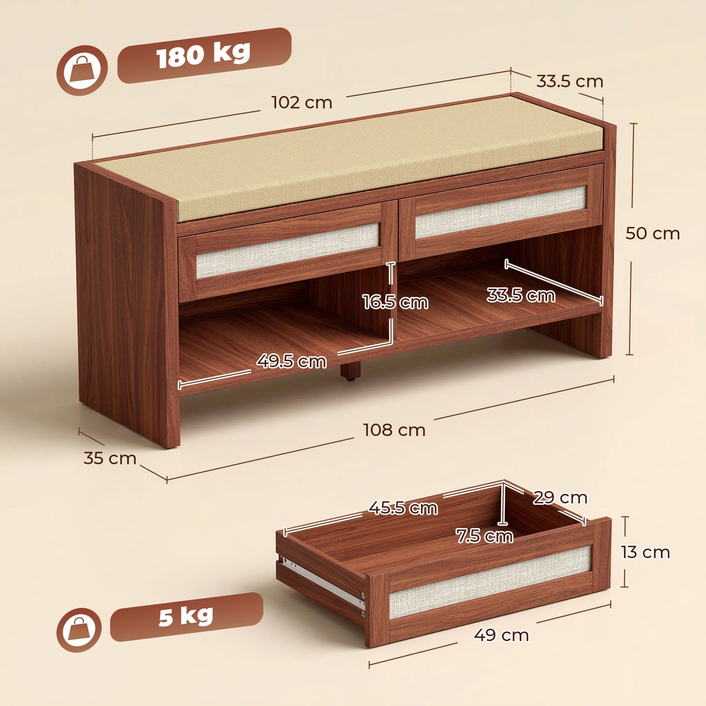 Shoe Bench with 2 Rattan Drawers Cushion Brown